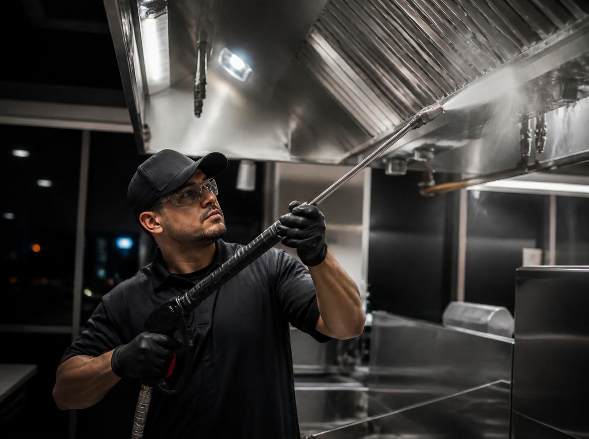 Technician pressure-washing the interior of a commercial kitchen exhaust hood